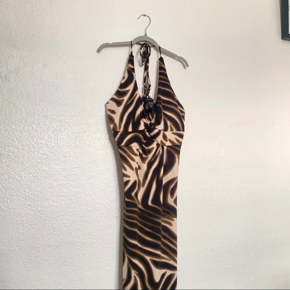 Brown Zebra Halter Y2k Maxi Dress